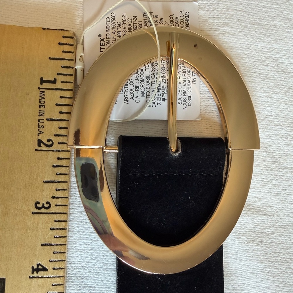ZARA Black Suede Waist Belt Gold Oval Buckle Wide‎ Statement Belt - Picture 6 of 11